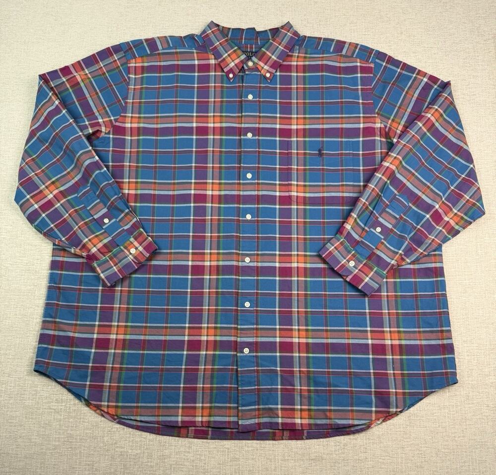 Polo Ralph Lauren Shirt Men’s 3XB Big Blue Plaid Cotton Long Sleeve Button Down